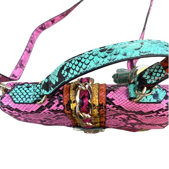 Snakeskin Patchwork Crossbody Satchel Bag Pink Multi Chain Tassel - Picture 6 of 6